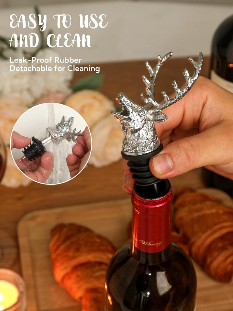 sodknow Deer Head Wine Pourer, Liquor Bottle Pour Spout with Leak-Proof Rubber Stopper, Zinc Alloy Metal, Universal Fit for Wine Whiskey Bourbon Olive Oil – Drip-Free Bar Pourer Gift for Men, Parties Holidays - Image 5